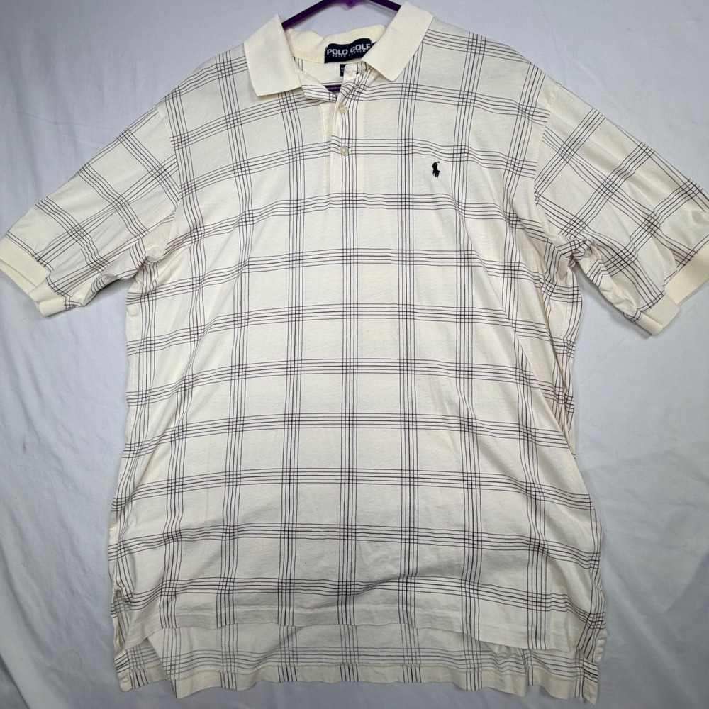 Polo Golf Ralph Lauren Polo Shirt XL Cream Black Grid Check Cotton Short Sleeve